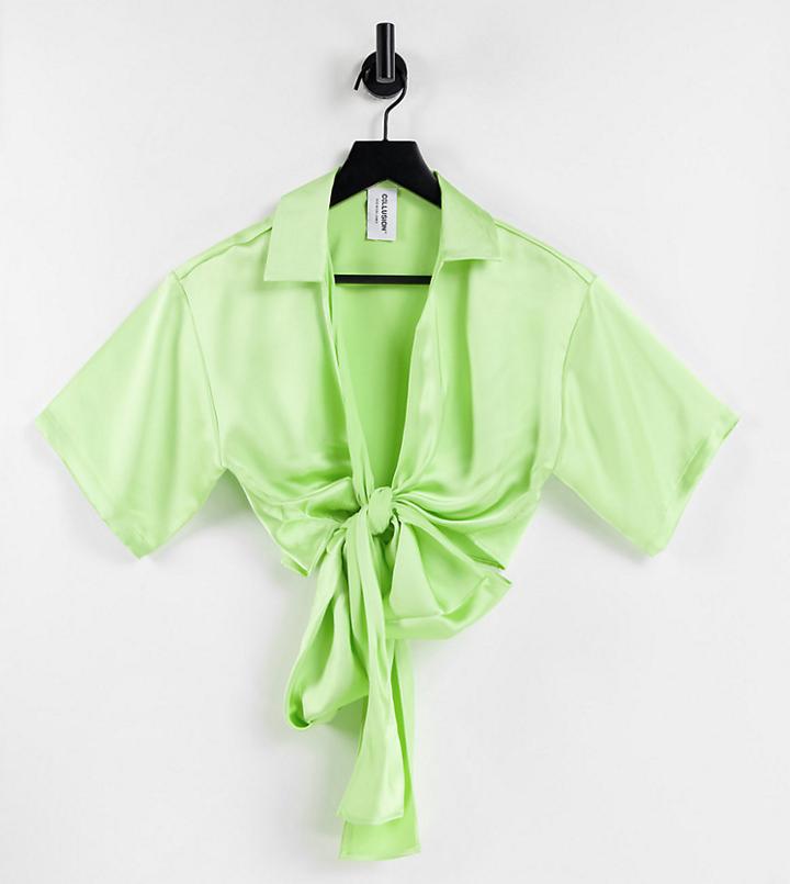 Collusion Wrap Crop Top In Green Satin-white