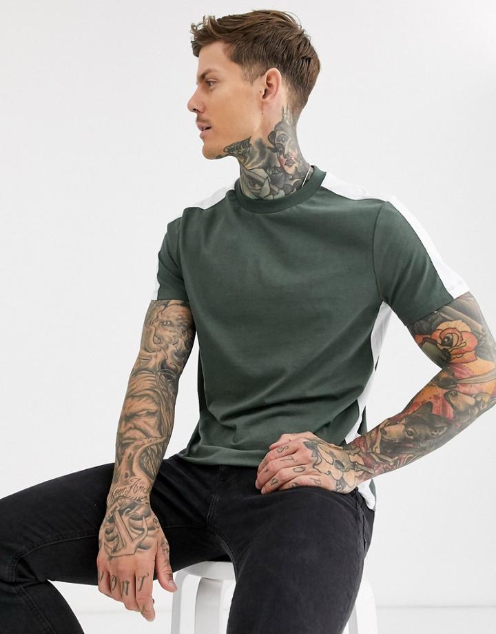 Asos Design T-shirt With Side Panel Stripe In Khaki - Green