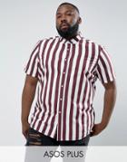 Asos Plus Regular Fit Stripe Shirt In Burgundy - Red