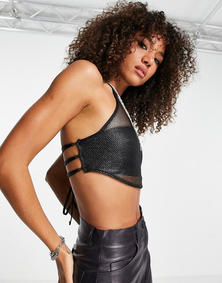 Bershka Halterneck Sheer Mesh Top In Black