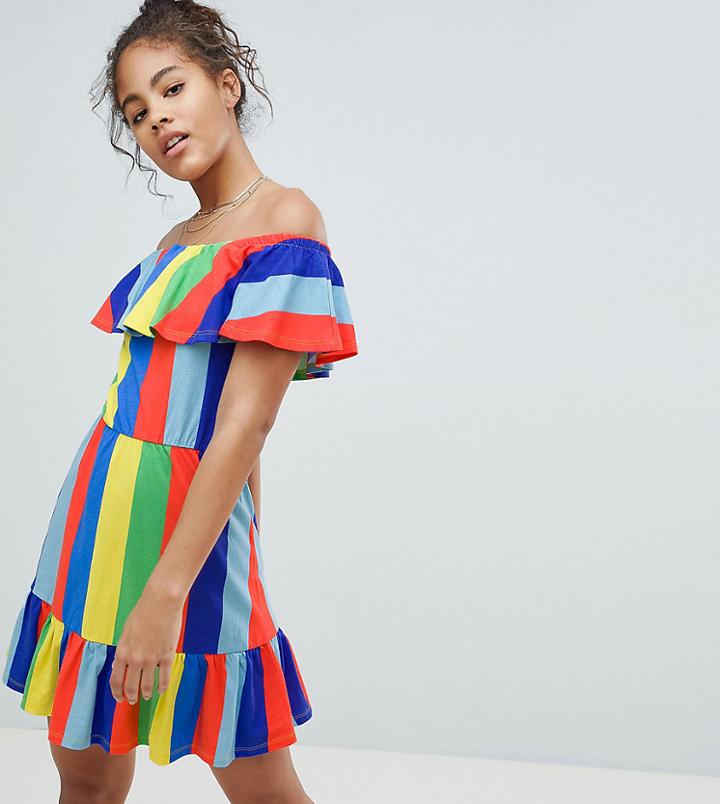 Asos Design Tall Off Shoulder Sundress With Tiered Skirt In Rainbow Stripe - Multi