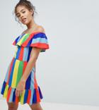 Asos Design Tall Off Shoulder Sundress With Tiered Skirt In Rainbow Stripe - Multi