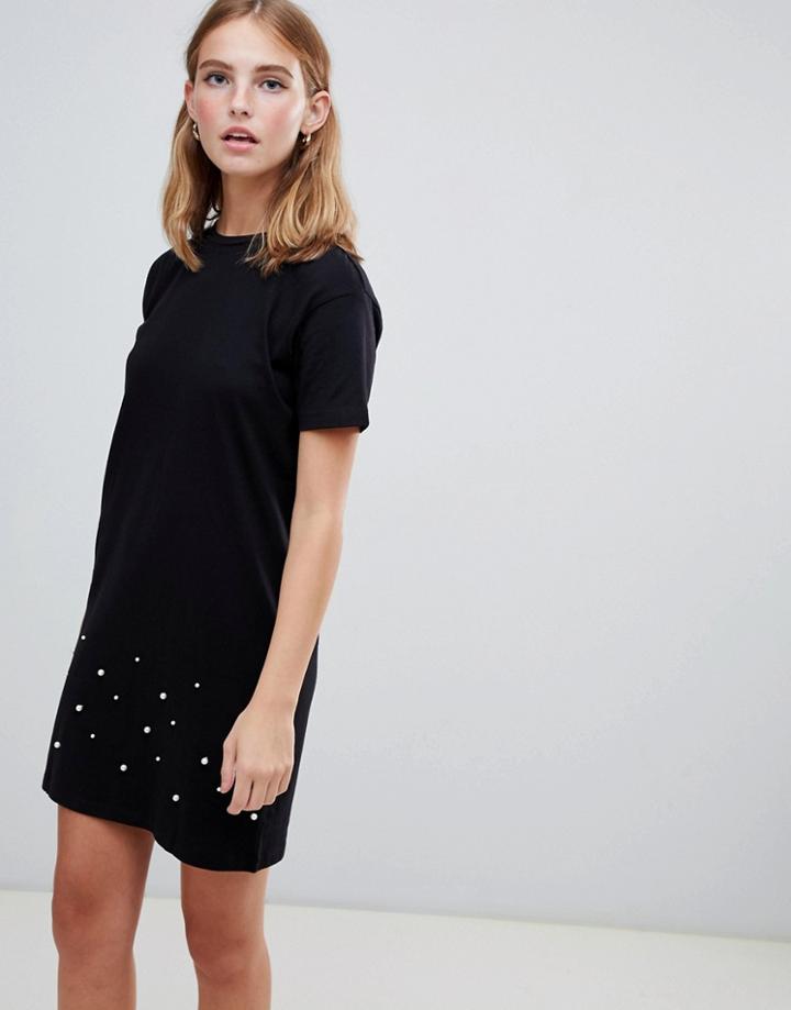Brave Soul Madge T Shirt Dress With Pearl Trim - Black