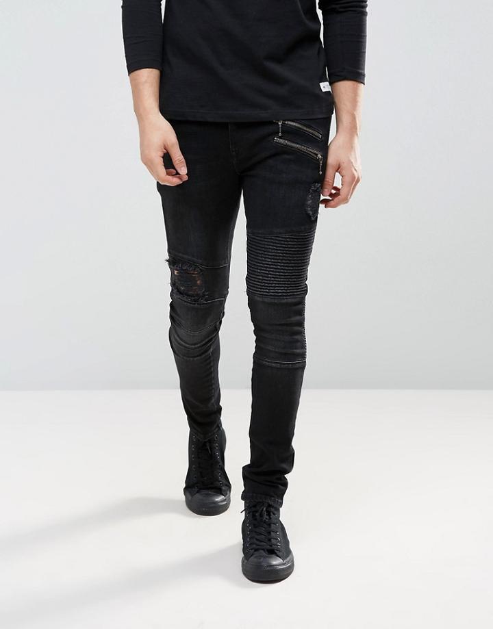 Asos Super Skinny Jeans In Washed Black Mixed Biker With Rips - Black