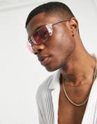 Asos Design Y2k Wrap Sunglasses In Silver With Pink Lens And Crystal Detail