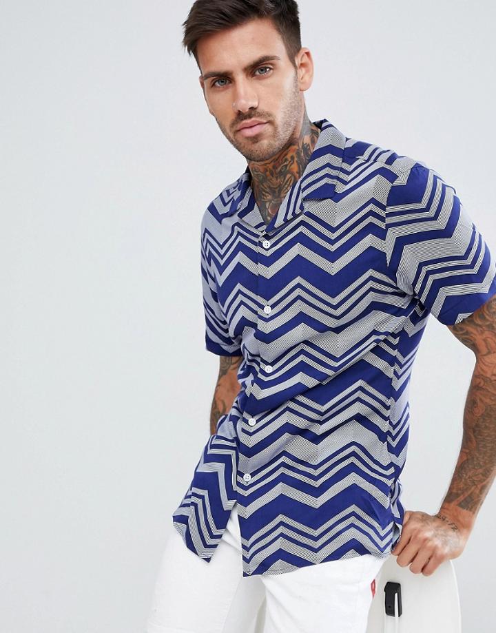 Asos Design Skinny Viscose Chevron Stripe Shirt In Navy - Navy
