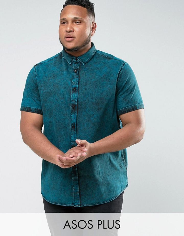 Asos Plus Regular Fit Denim Shirt With Acid Wash In Blue - Green
