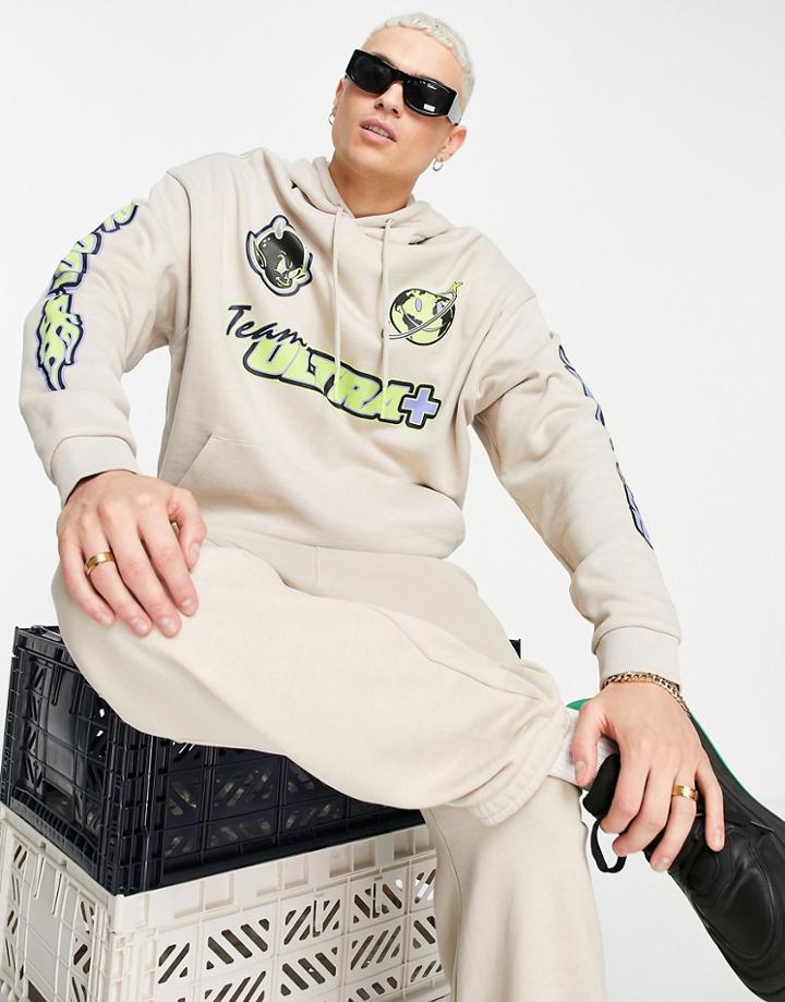 Asos Design Oversized Hoodie With Motocross Prints In Gray