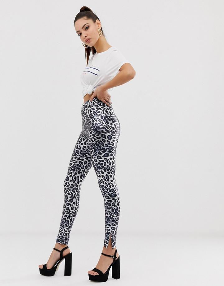 Asos Design Wet Look Legging In Animal Print With Split Side Detail-multi