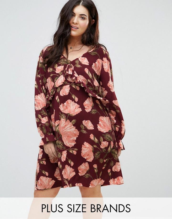Junarose Floral Print Smock Dress With Frill And Tie Detail - Multi