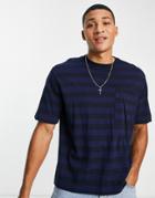 Topman Boxy Fit Pocket T-shirt With Horizontal Stripe In Navy