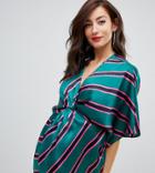 Asos Design Maternity Satin Twist Front Top With Kimono Sleeve In Stripe - Multi