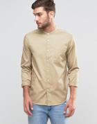 Asos Regular Fit Shirt With Grandad Collar And Side Pockets With Long Sleeves In Stone - Stone