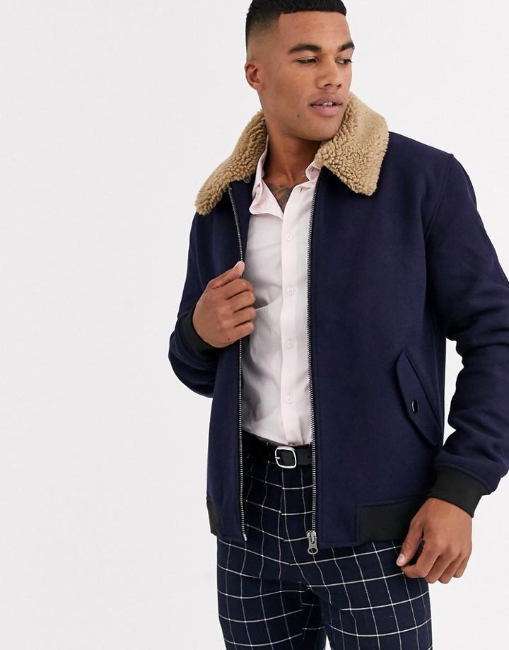 Asos Design Wool Mix Harrington Jacket With Detachable Fleece Collar In Navy