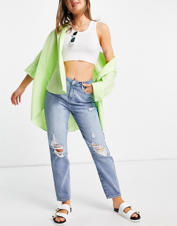 Urban Bliss Ripped Mom Jean In Mid Wash-blues