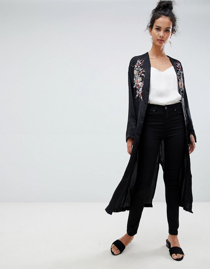 Qed London Floral Embroidered Maxi Kimono - Black