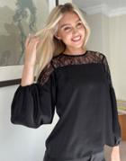 Asos Design Long Sleeve Satin Top With Lace Insert In Black