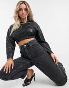 Na-kd Faux Leather Long Sleeve Crop Top In Black