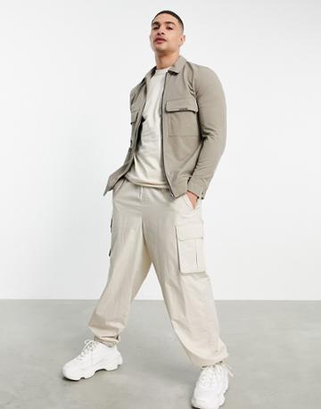 Mauvais Cargo Shacket In Taupe Gray-grey