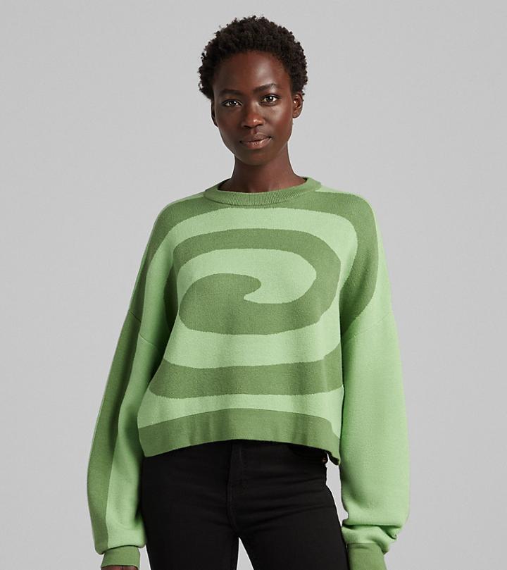 Bershka Retro Swirl Detail Sweater In Green