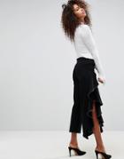 Asos Straight Leg Jean With Cascading Ruffle Side In Clean Black - Black