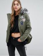 Missguided Badge Faux Fur Collar Parka - Green