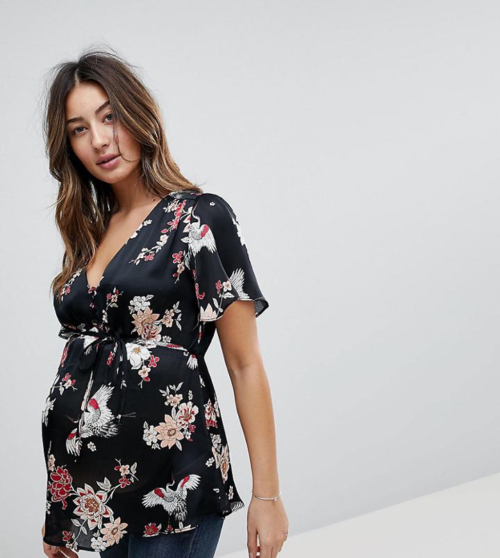 New Look Maternity Satin Flutter Sleeve Blouse - Black