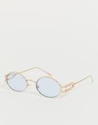 Asos Design Oval Sunglasses With Gold Temple Detail Frame And Blue Lenses - Blue