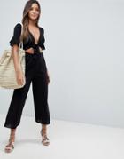 Asos Design Tea Jumpsuit With Cut Out And Tie Detail In Linen - Black
