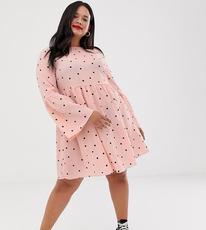 Asos Design Curve Fluted Sleeve Smock Mini Dress In Spot - Multi