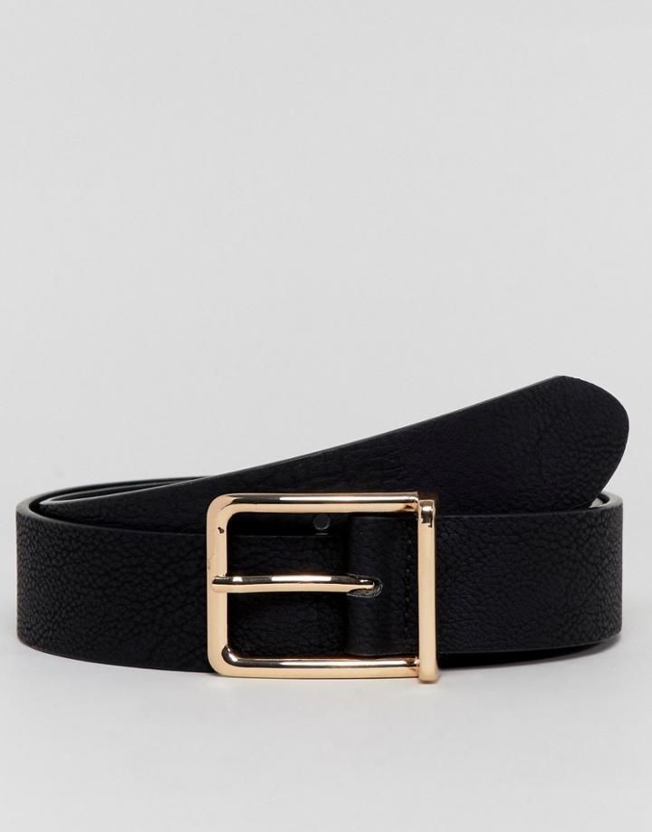 Asos Design Faux Leather Wide Belt In Black Pebble Grain And Gold Buckle - Black