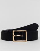 Asos Design Faux Leather Wide Belt In Black Pebble Grain And Gold Buckle - Black