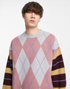 Asos Design Knitted Argyle Sweater With Striped Sleeves-multi