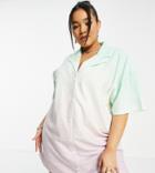 Asos Design Curve Mini Shirt Dress In Towelling Dip Dye Pastel Green And Pink-multi