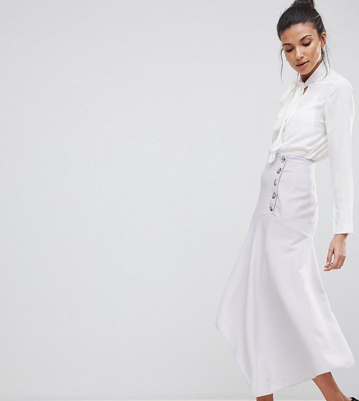 Asos Design Tall Hanky Hem Midi Skirt With Side Button Detail - Silver