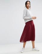 Asos Pleated Midi Skirt With Stitch Detail - Red