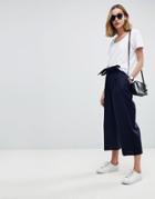 Asos Tailored Linen Culotte With Tie Waist And Turn Up - Navy