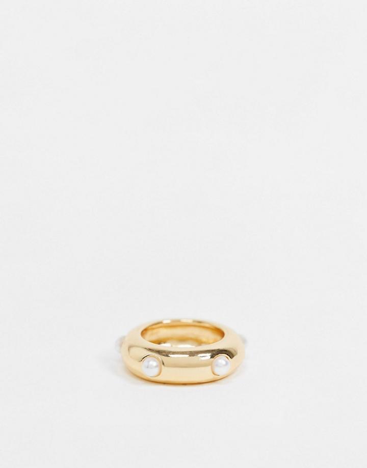 Asos Design Ring With Pearl Detail In Gold Tone