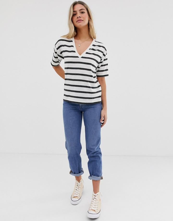 Asos Design Linen T-shirt With V-neck In Stripe - Multi