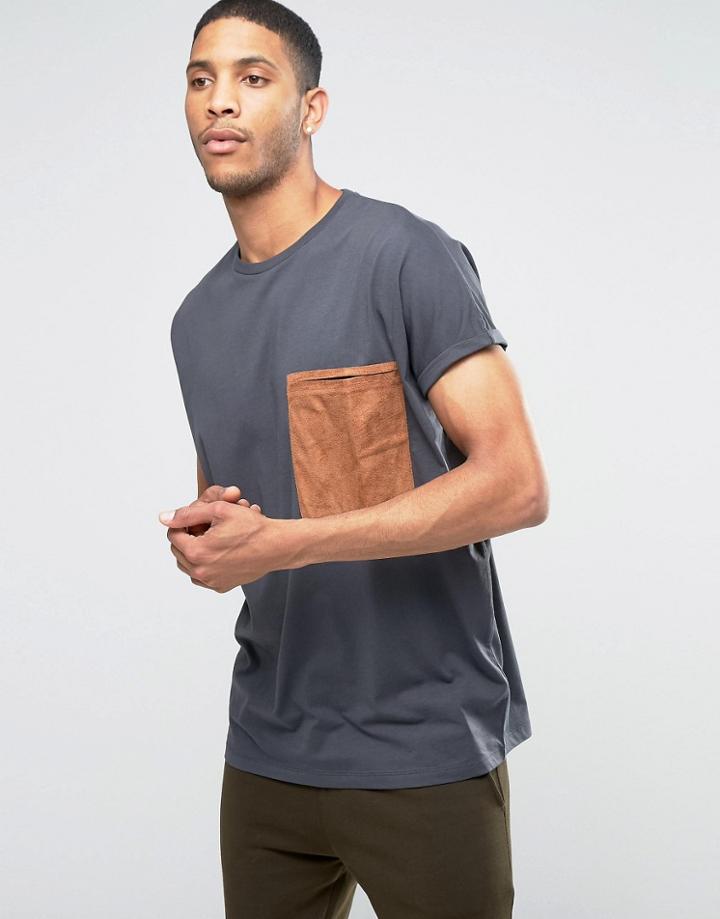 Asos Super Oversized T-shirt With Roll Sleeve And Faux Suede Pocket - Gray