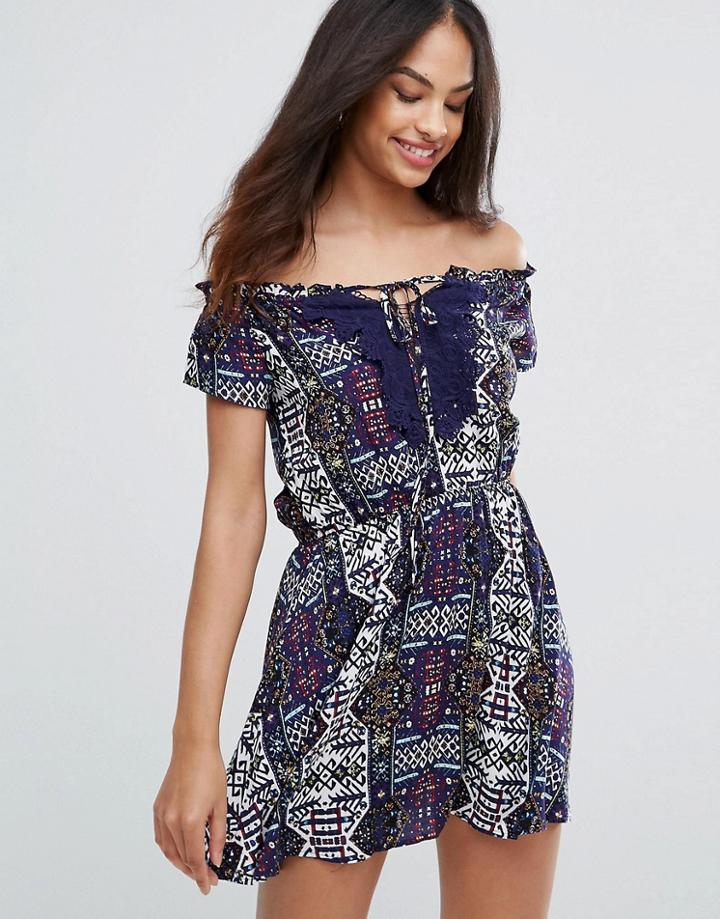 Ax Paris Navy Printed Dress With Lace Detail - Navy