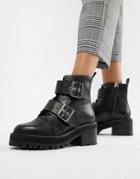 Asos Design Rebellion Leather Buckled Chunky Boots - Black