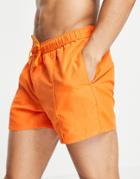 Asos Design Swim Shorts In Bright Orange Short Length With Pin Tuck