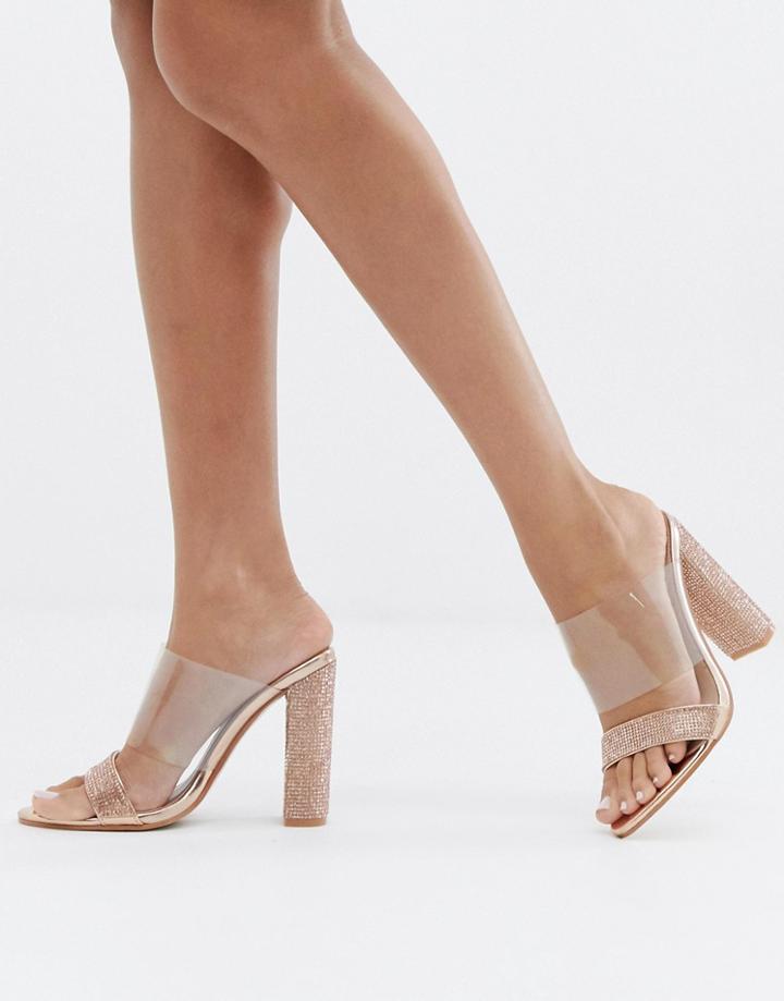 Public Desire Birthday Suit Rose Gold Rhinestone Mules - Gold