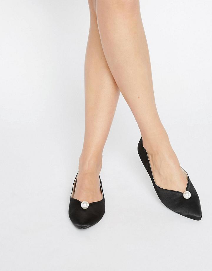 Daisy Street Faux Pearl Black Point Flat Shoes - Black