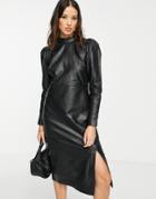Object Real Leather Midi Dress With High Neck And Split Detail In Black