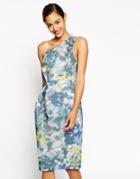 Asos Premium One Shoulder Bonded Mesh Dress In Floral Print - Floral Print