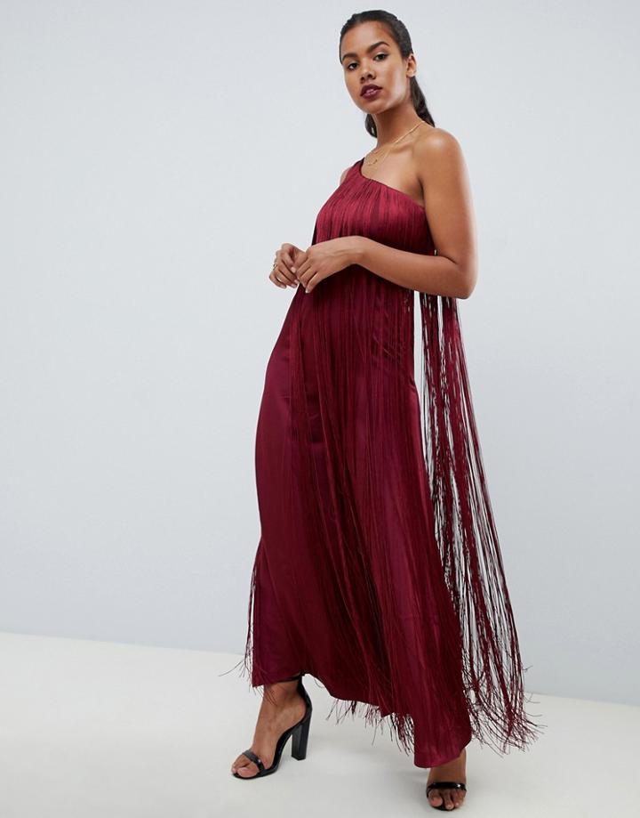 Asos Design Occasion Jumpsuit With One Shoulder And Fringing - Red