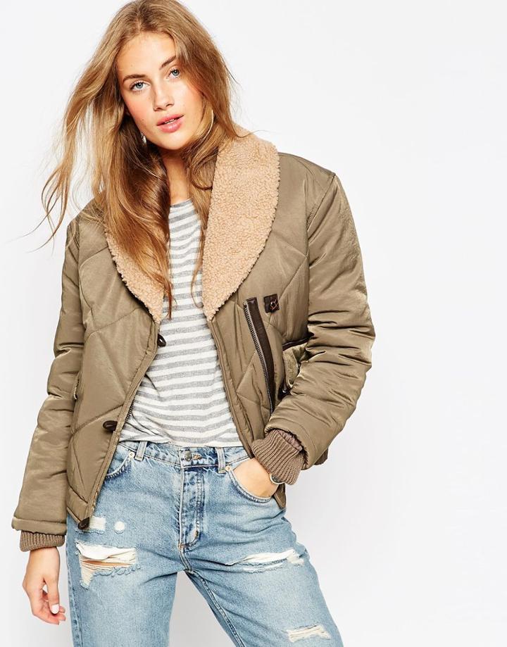 Asos Bomber Jacket With Quilt Detail And Borg Collar - Olive
