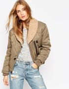 Asos Bomber Jacket With Quilt Detail And Borg Collar - Olive